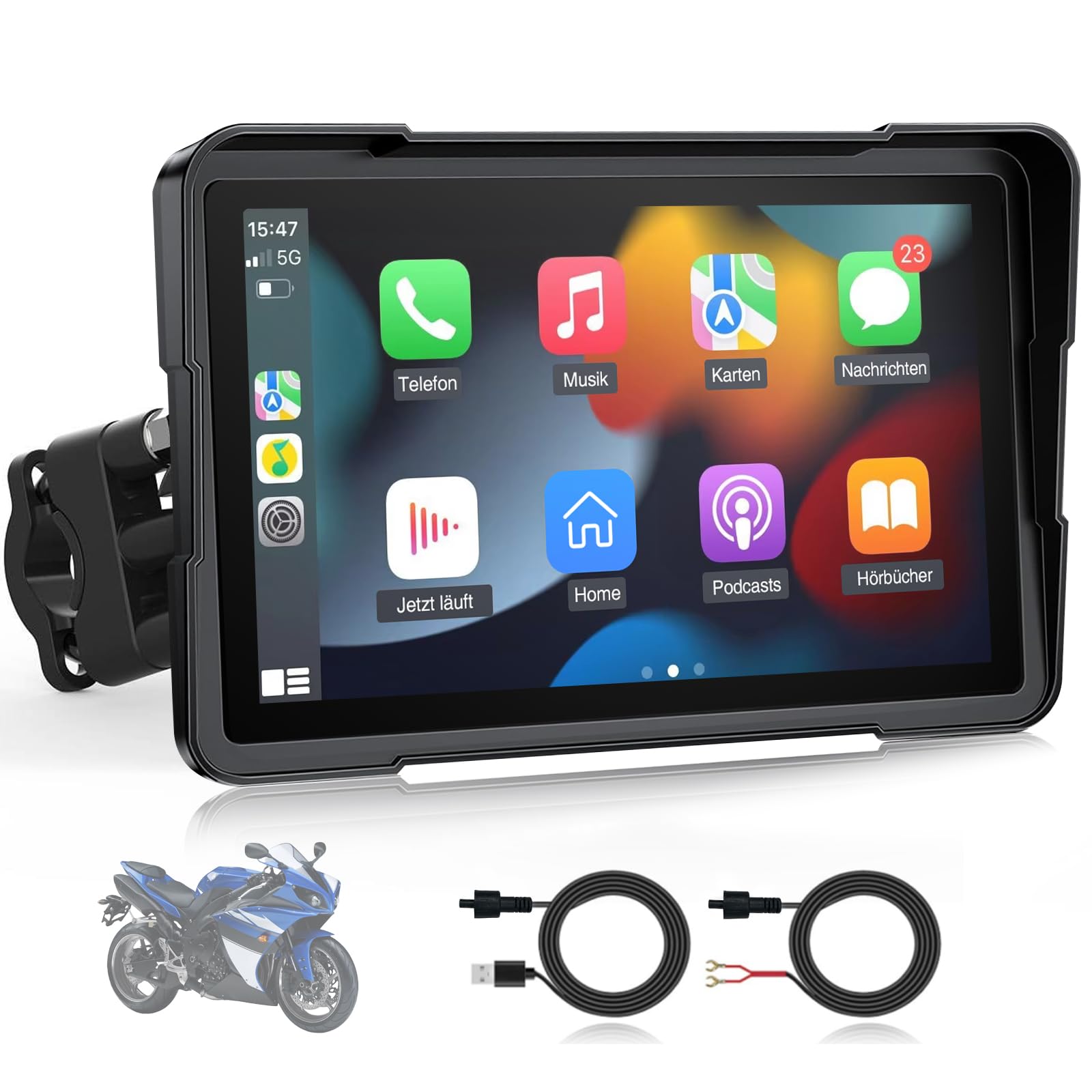 7 Zoll Motorrad Display mit Wireless CarPlay & Android Auto, 1000 Nits Helles Motorrad Navi Touchscreen, IP67 Wasserdicht, Dual-Stromversorgung (Acc/USB), Sprachsteuerung für Navigation & Musik