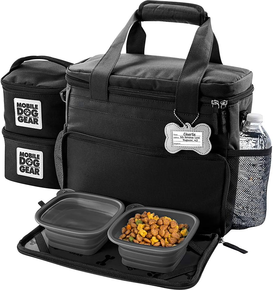 Week Away Dog Travel Bag for Small Dogs, Includes Lined Food Carriers and 2 Collapsible Dog Bowl, Black, Meets Airline Requirements