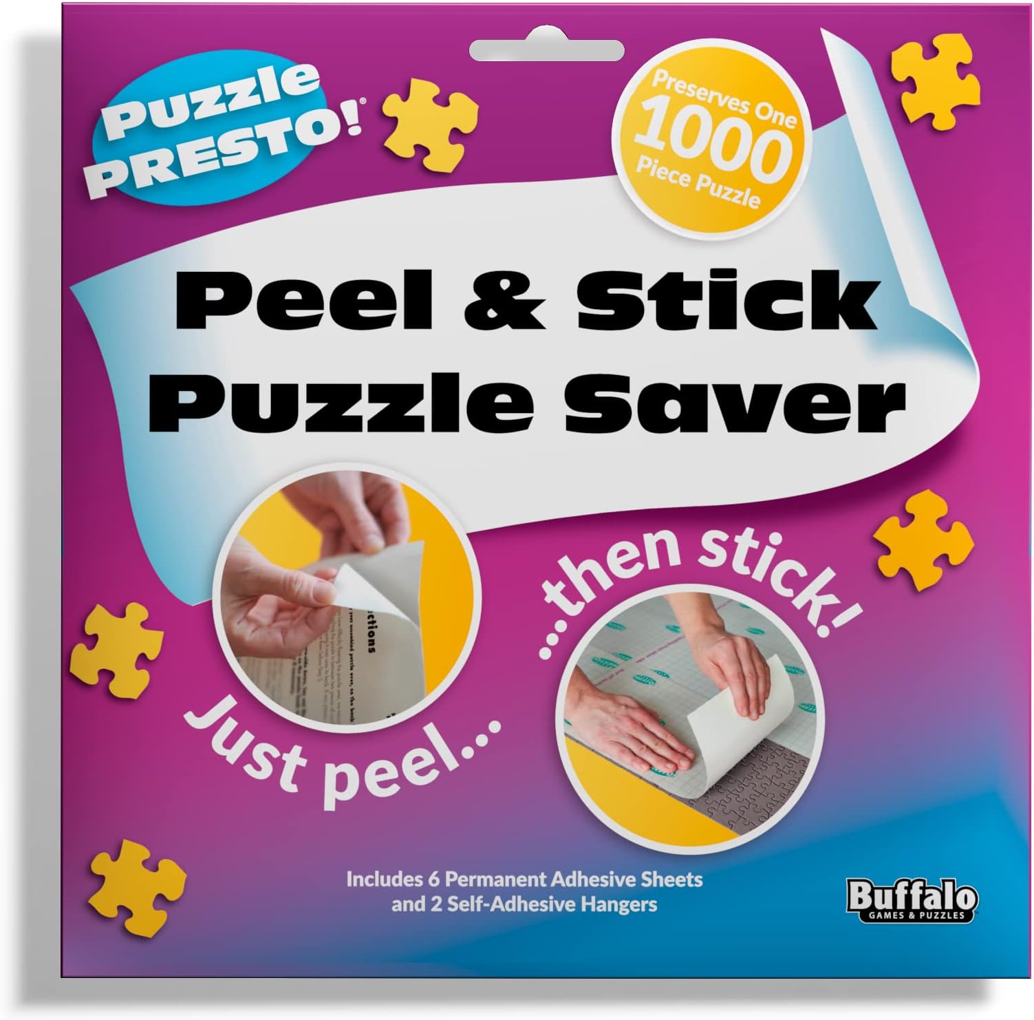 Puzzle Presto Peel & Stick Saver: The Original and Still the Best Way to Preserve Your Finished Puzzle! - 6 Adhesive Sheets and 2 Adhesive Hangers