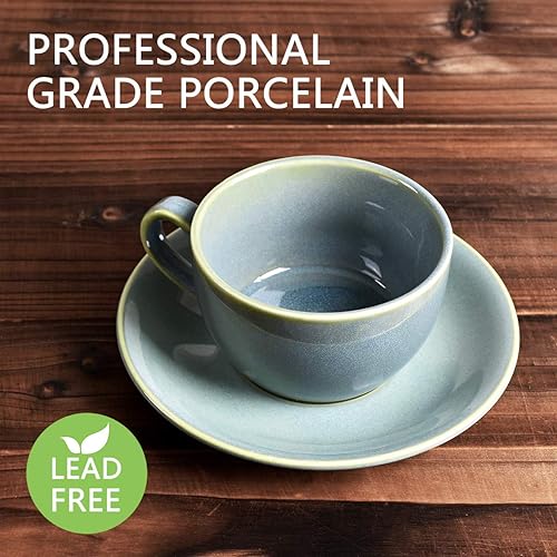 Miniatura 3 de Bosmarlin Taza de café de cerámica con platillo, juego de 2 para café con leche, capuchino, té, 8.5 onzas, apta para lavavajillas y microondas