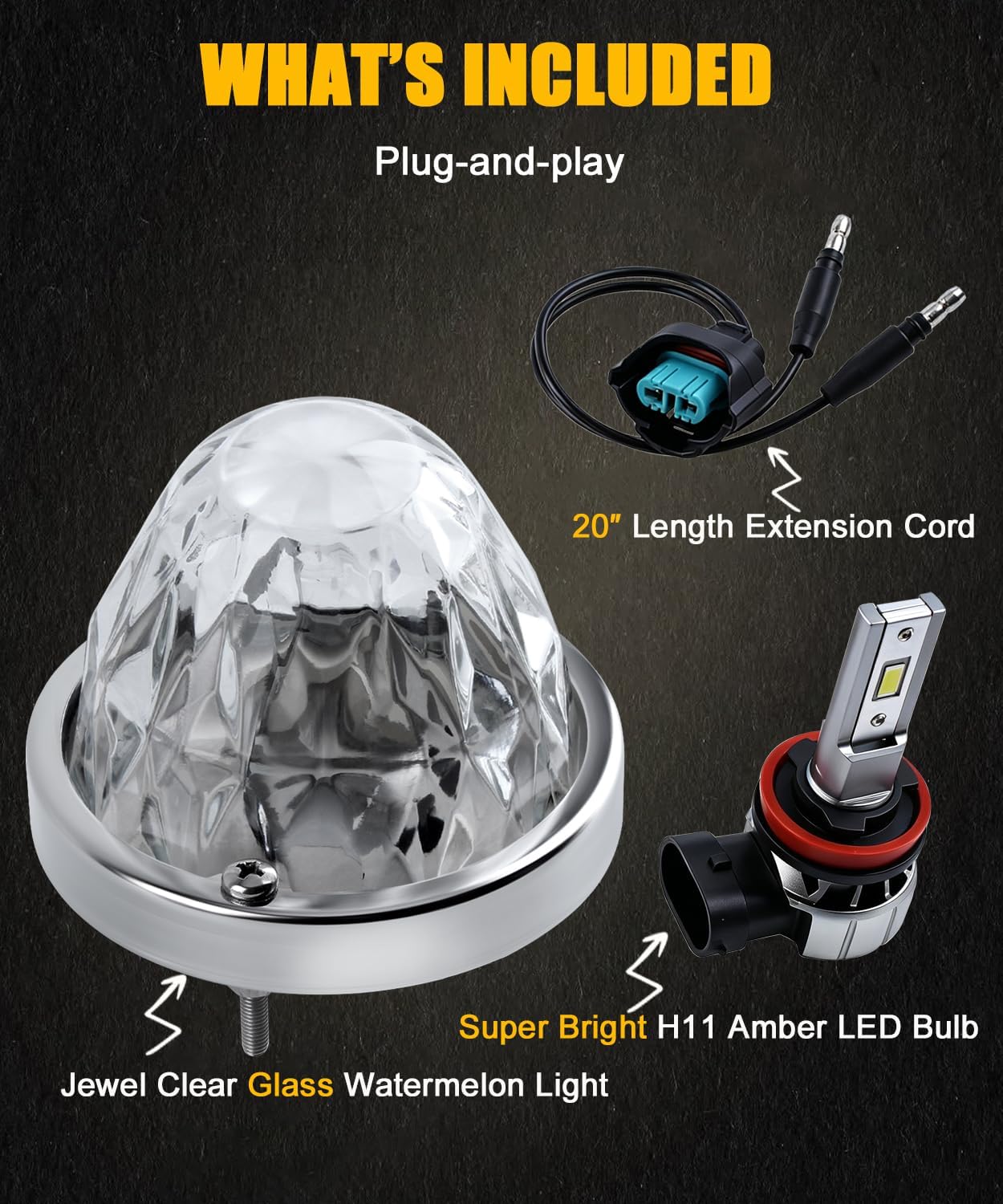 Glass Watermelon Lights,Jewel Lens Amber LED Side Marker Turn Signal Lamp with Stainless Steel Bezel for Semi Trucks Trailers RVs Bumper Under Glow 2Pack