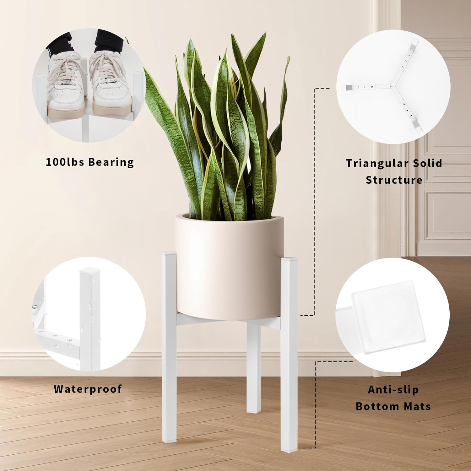 IZIDDO 2 Pack Adjustable Plant Stand Indoor, White Metal Planter Stands Outdoor, Mid Century Modern Plant Holder, Fit 12 14 16 inch Large Pots, Floor Plant Stands for Indoor Plants(Pot Not Included)