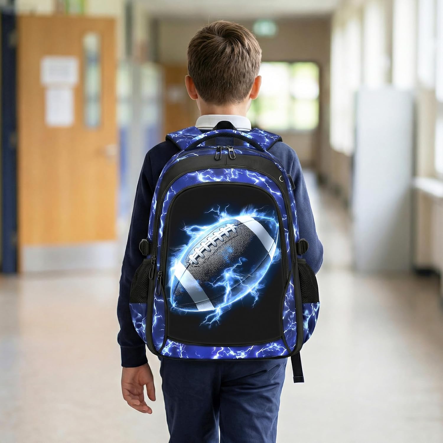 School Backpack for Boys - Football Boys Backpack for Kids Teens Elementary Middle School，18" Large Capacity Waterproof Bookbag with Usb Charging Port, Travel Daypack for age 6-18