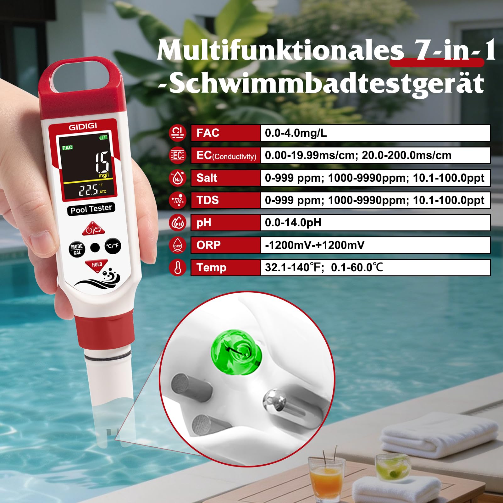 7-in-1 Poolwasser Tester für freies Chlor (FAC), pH Wert, Redoxpotenzial (ORP), Salzgehalt, EC, Gesamtfeststoffgehalt (TDS) Digitaler Chlortester für Salzwasserpools, Whirlpools, Hydrokulturen