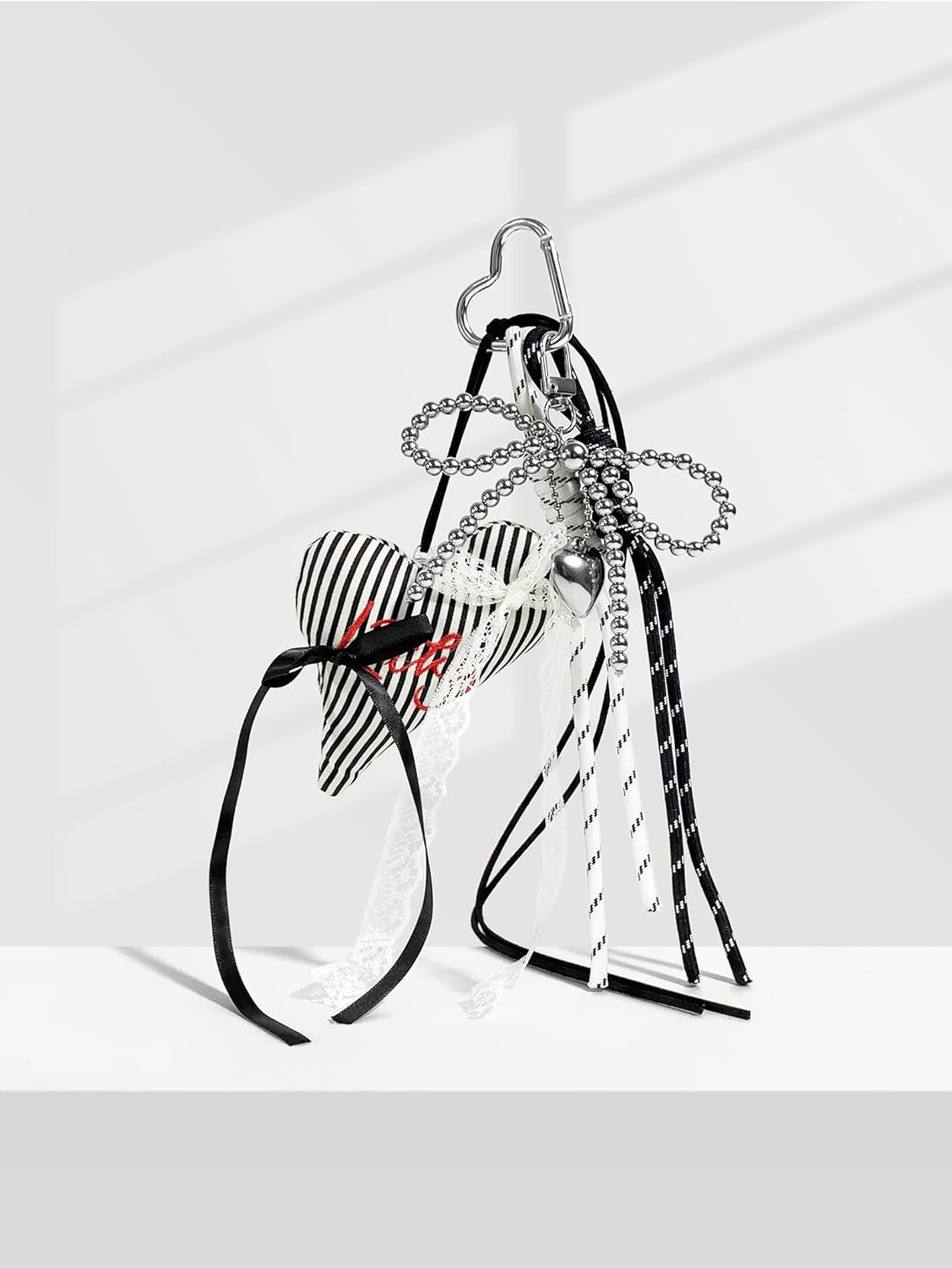 Plush Heart with Lace Bag Charms, Luxury Striped Bowknot Keychain,Backpack Purse Pendant Accessories Gifts Keyrings - Image 2