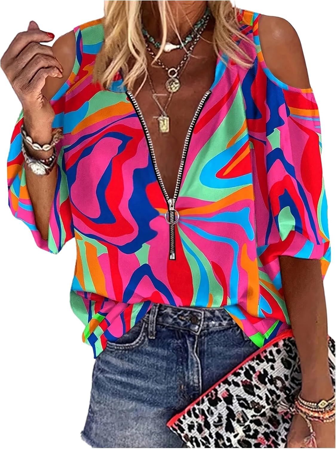 GORGLITTER Women's Cold Shoulder Long Sleeve Halter Tops Blouse Trendy Dressy Casual Fall Boho Colorful Blouses Shirt