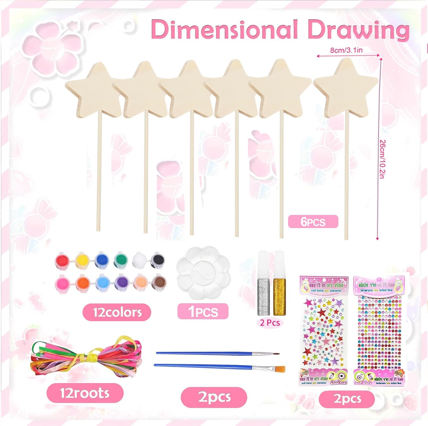 GUOYOU 27 sztuk Magiczna Drewniana Różdżka Księżniczka Różdżka Wróżdżka dla Dzieci Zestaw Rzemiosła Dziewczyny Drewniane DIY Rzemiosło Magiczne Różdżki Wróżki do Malowania