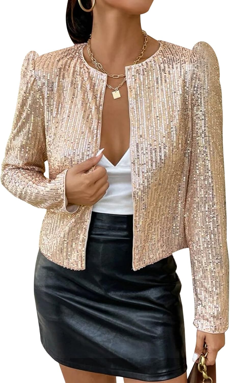KIRJAUDU Women Fashion Sequin Jacket Open Front Puff Long Sleeve Short Blazer Casual Coat