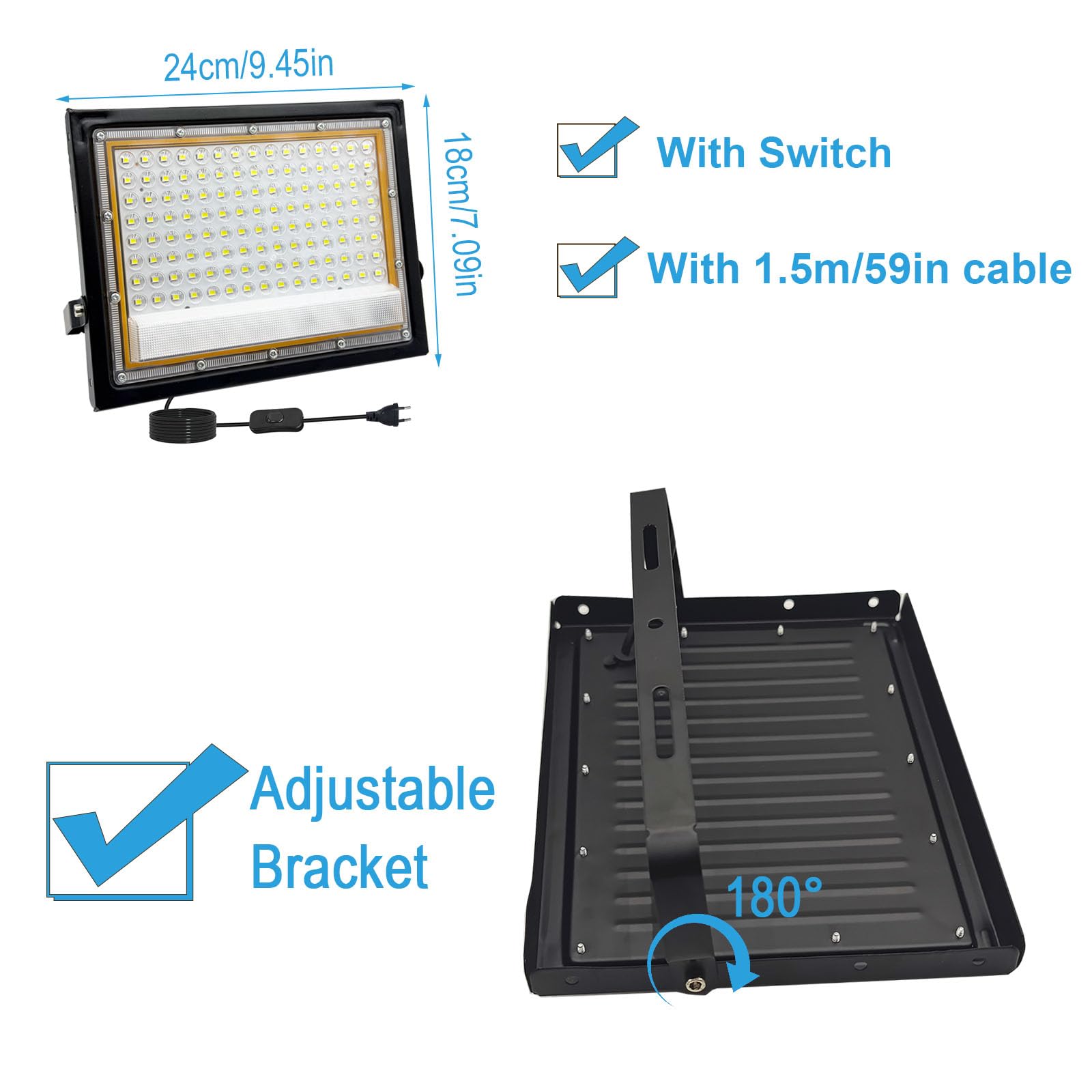 2 Piezas Focos LED Exterior 100W, 1.5M Cable Blanco Frío 6500K Proyector LED Exterior, Resistente al Agua IP66 Foco Proyector LED, 10000LM para Terrazas, Patios, Balcones, Parques, Garajes