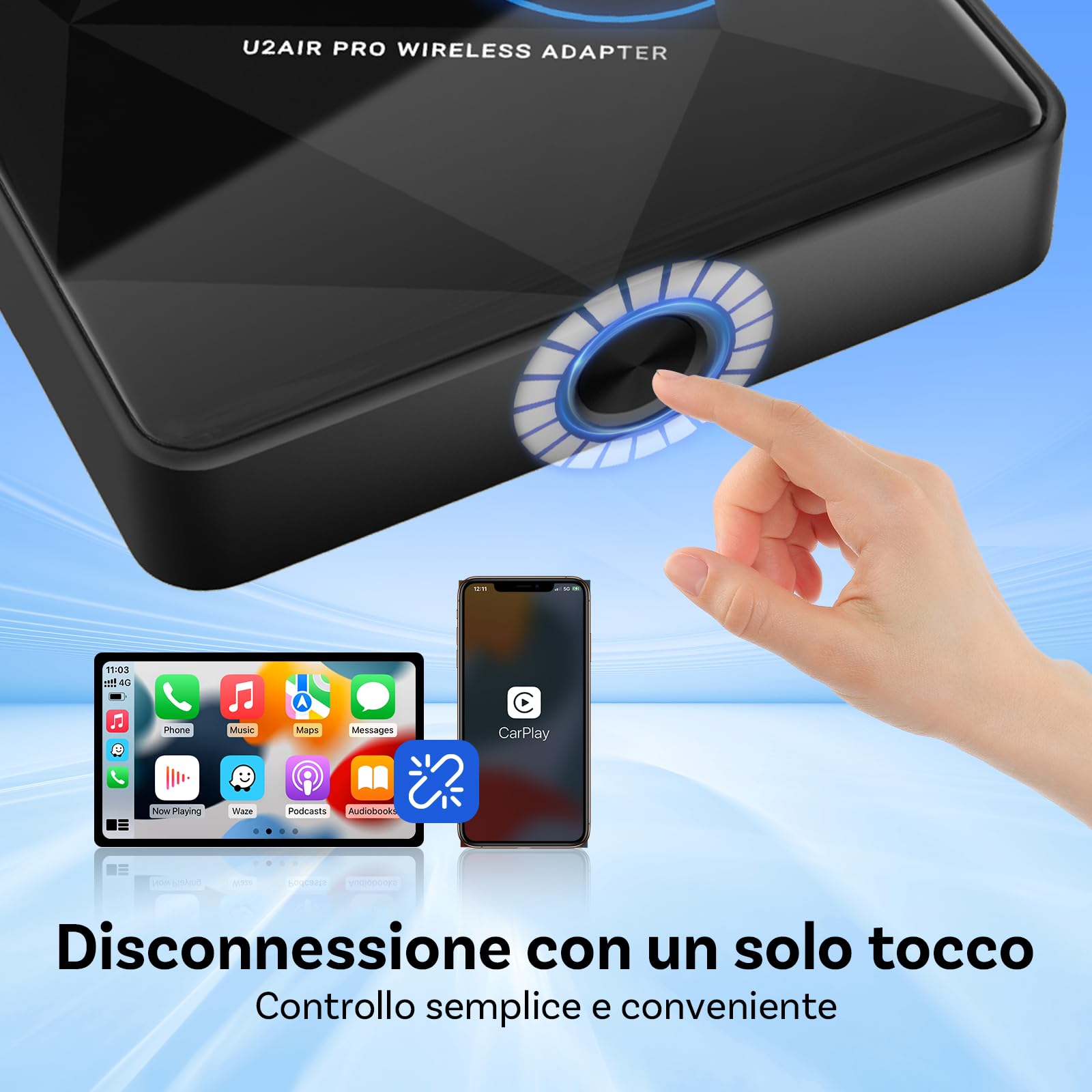 OTTOCAST U2Air Pro Adattatore CarPlay Wireless, Adattatore Bluetooth Apple CarPlay per iPhone, Plug & Play per auto CarPlay cablato OEM, WiFi Dual-Band, Aggiornamento online