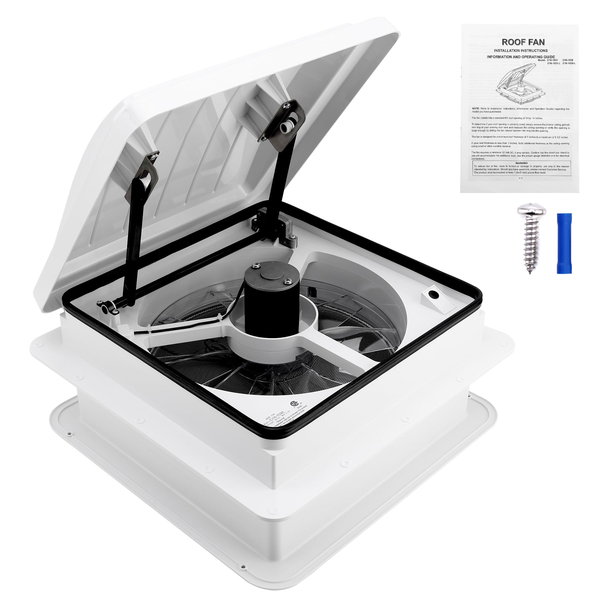 14” rv roof vent fan 4 speed reversible - 12v rv bathroom vent fan - deluxe rv electric open rv roof vent, touch on-off, speed controls, manual white dome
