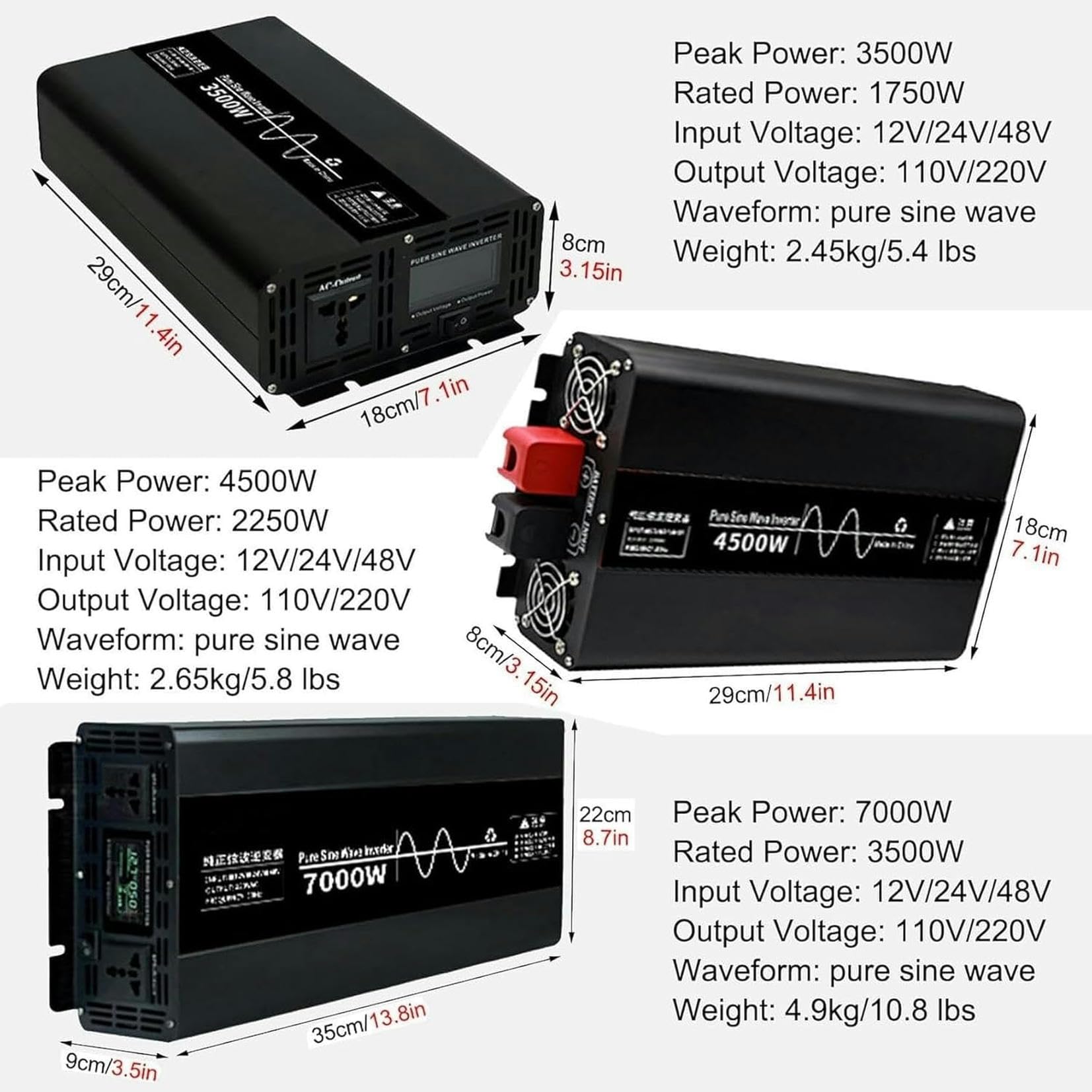 Inversor de Potencia de Onda sinusoidal Pura de 3500 W, 4500 W, 7000 W, 12 V/24 V/48 V/60 V/72 V CC a 110 V, 220 V, autocaravanas y Fuera de la Red con Pantalla LCD