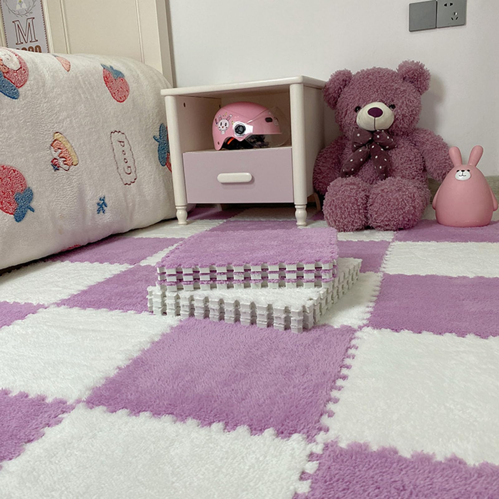 Modułowe pluszowe płytki dywanowe, 8 modułowych mat, puszyste piankowe maty do zabawy, miękki pluszowy dywan puzzle do podłogi w sypialni