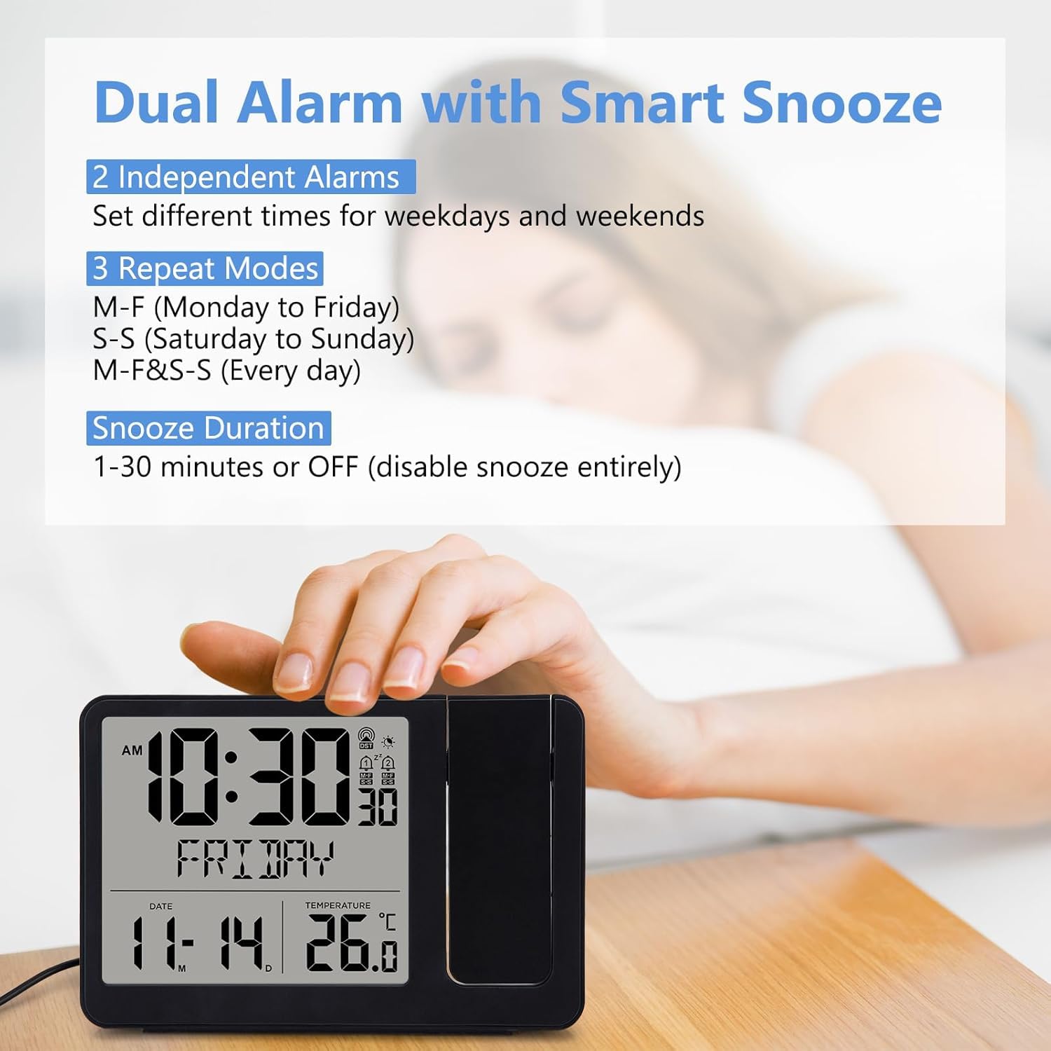 VIVILINEN Reloj Proyector Techo con Enchufe, 2 Alarmas, Sensor de Luz, Reloj Despertador con Temperatura, Repetición, Fecha, Visualización de la Semana