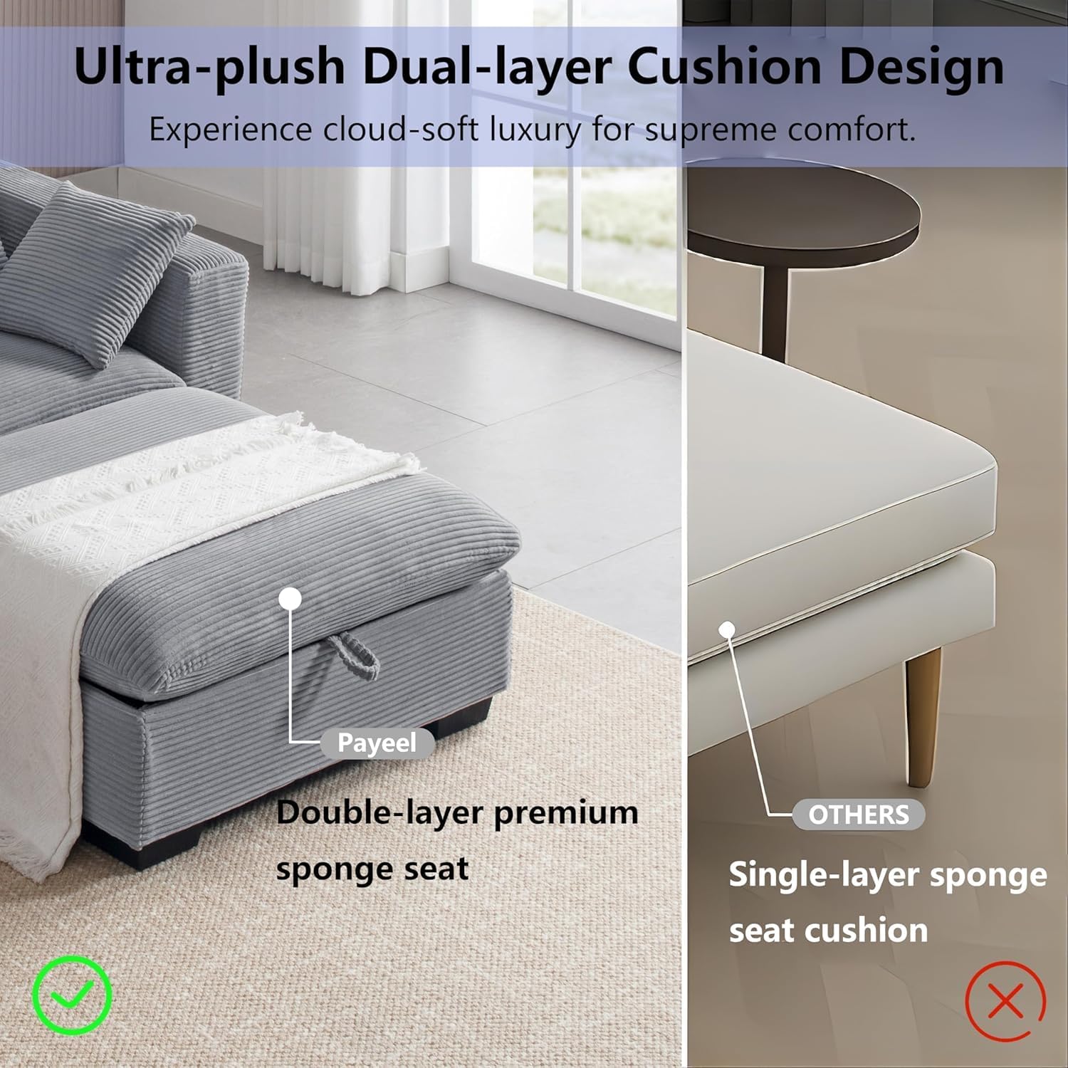 asunflower Modular Sectional Sofa for Living Room, 122.5" 3-Seat U-Shaped Cloud Couch with 2 Storage Ottomans, Easy Assembly Corduroy Couch with Deep Seat for Bedroom, Apartment, Light Grey