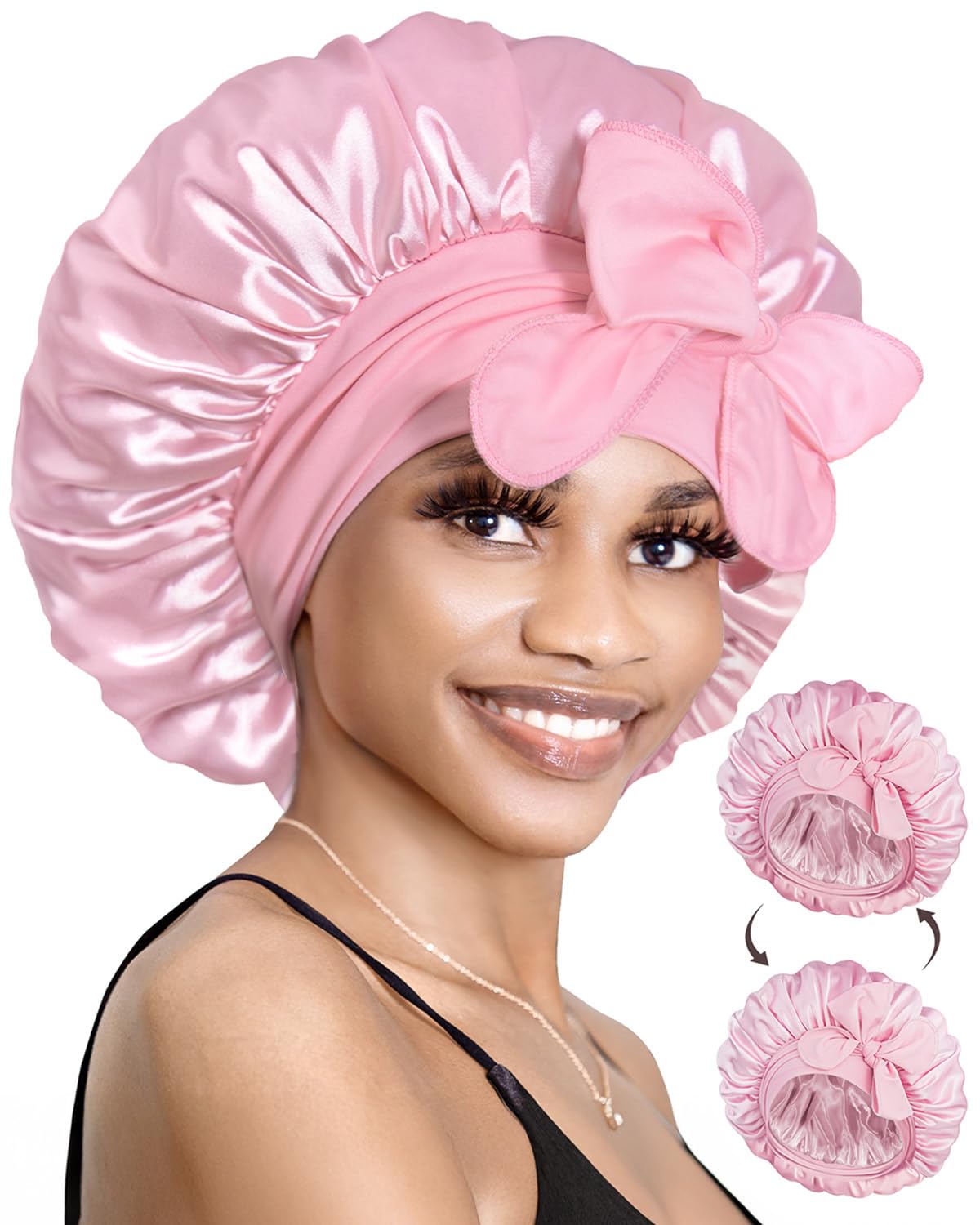 BONNET QUEEN Silk Bonnet for Sleeping Satin Bonnet with Tie Hair Wrap Double Layer Sleep Cap for Women Curly Hair, Pink