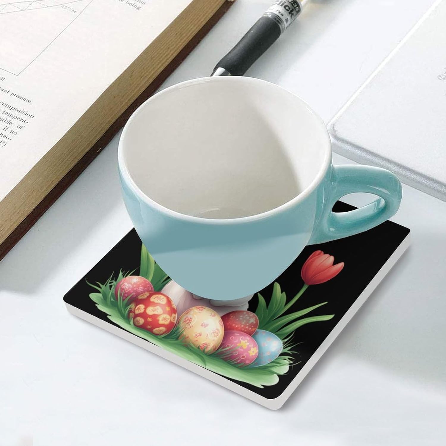 Tulip Bunny Ceramic Coasters Square Drinks Coaster Coffee Table Decor Table Coaster for Home Bar