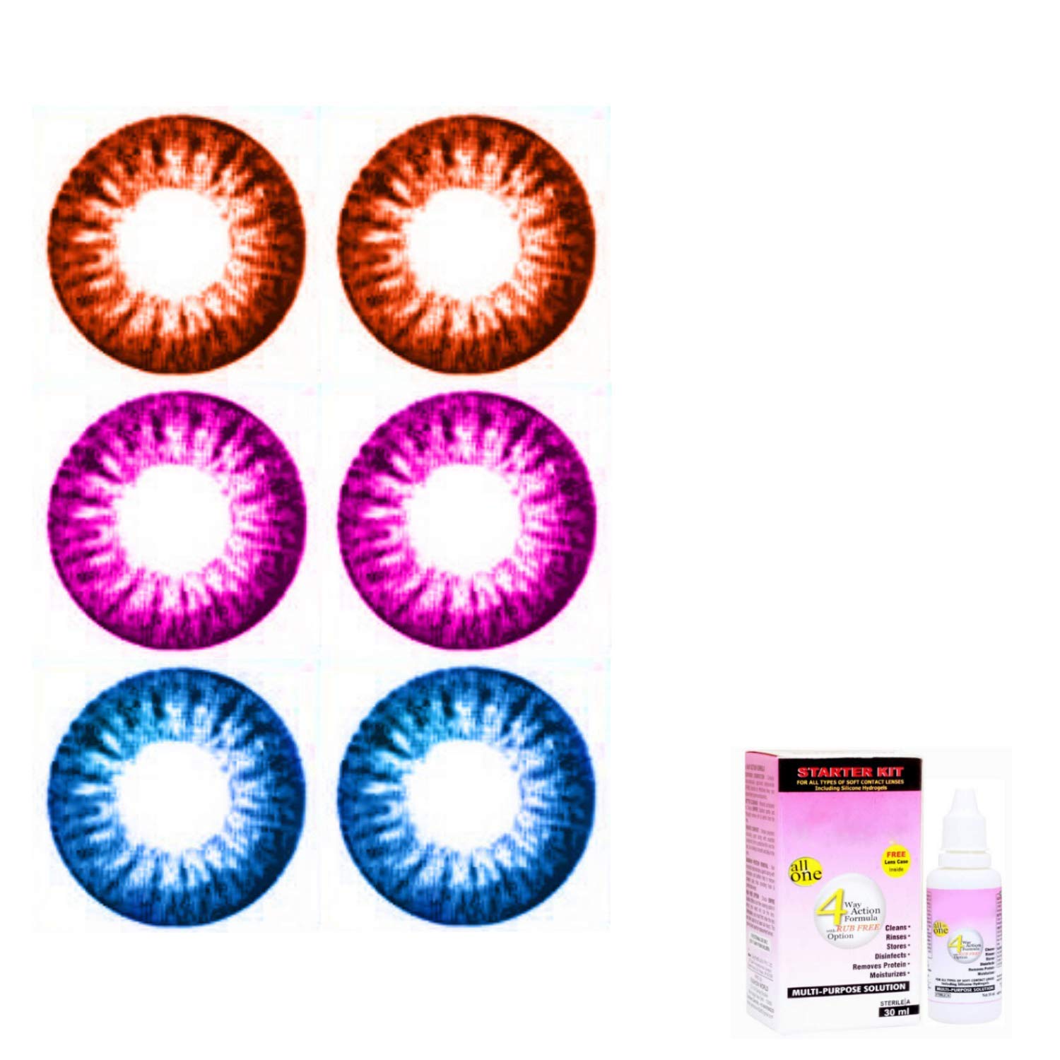 EYCOG 3 Pair Brown-Violet-Light Blue Monthly Colored 0 Power Contact Lenses for Eyes Men and Women with 30 ml lesn solution