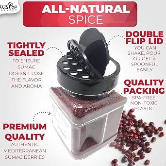 Fusion Select 100% Pure Sumac Spice, 100% Natural Sumac Powder | No Salt | Non-GMO | Middle Eastern Spices | Sumac Seasoning | Double Lids Jar (7 Ounce)