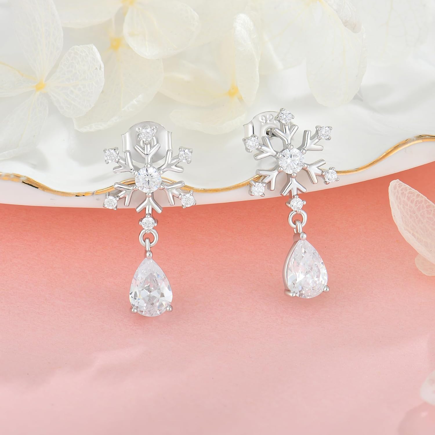 Snowflake Teardrop Earrings for Women 925 Sterling Silver 5A Cubic Zirconia Birthstone Studs Earrings Jewelry Winter Christmas Birthday for Her - Image 4