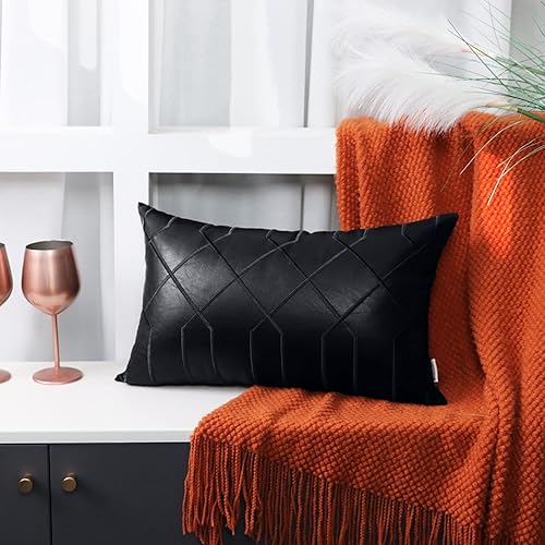 Miniatura 4 de BRAWARM Fundas de almohada de cuero de 12 x 20 pulgadas, fundas de almohada lumbar de piel sintética negra, paquete de 2, almohadas decorativas de