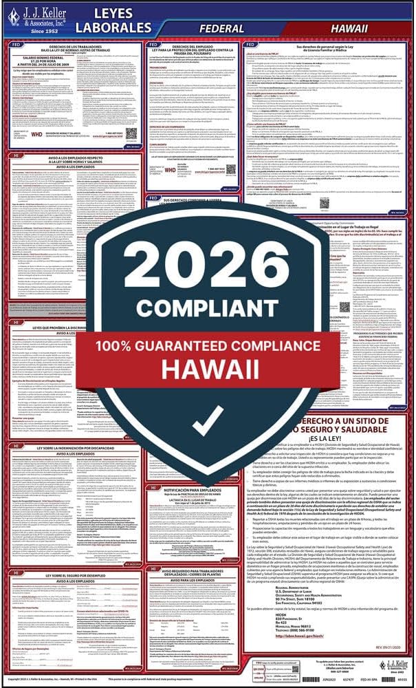 2026 Hawaii and Federal Labor Law Poster (Spanish, HI State) - OSHA Compliant All-in-One Laminated Poster, J. J. Keller & Associates, Inc.