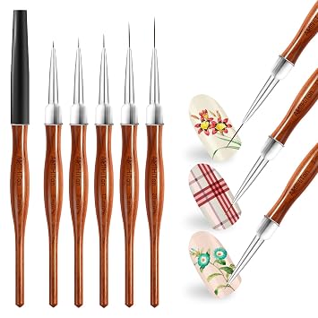 5 Pcs Nail Art Liner Brushes, Wooden Handle Striping Brushes for Ultra Fine Lines, Plaid & Floral Detailing, Gel Polish & Acrylic Painting, 5/8/12/15/20mm Wood Color