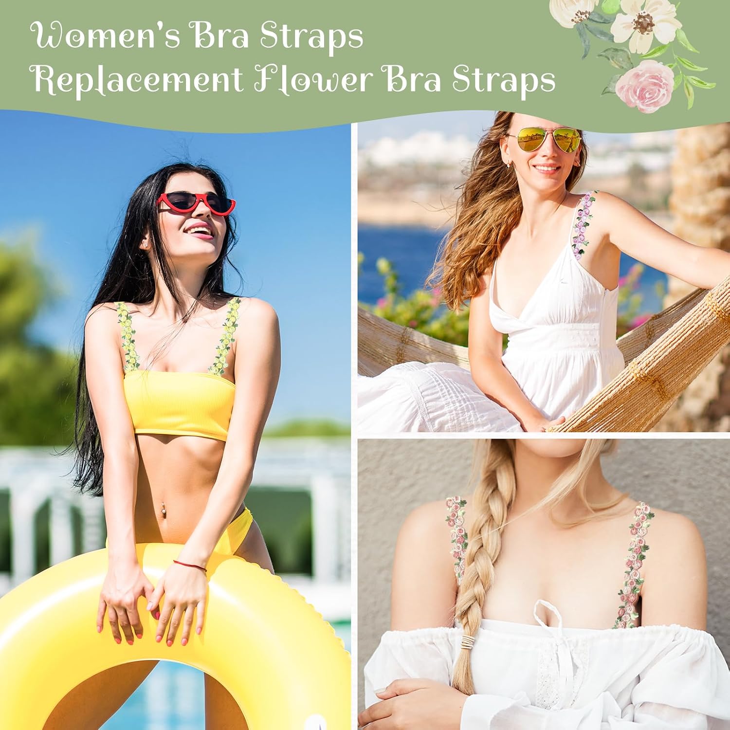 Floral Bra Straps,Women's Convertible Bra Straps,Removable Decorative Bra Straps,Adjustable Elastic Underwear Shoulder Strap image 2