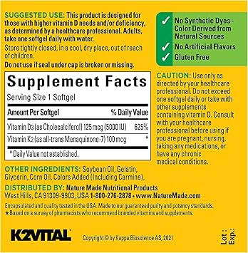 Nature Made Vitamin D3 K2, 5000 IU (125 mcg) Vitamin D, Dietary Supplement for Bone, Teeth, Muscle and Immune Health Support, 30 Softgels, 30 Day Supply - Pack of 2