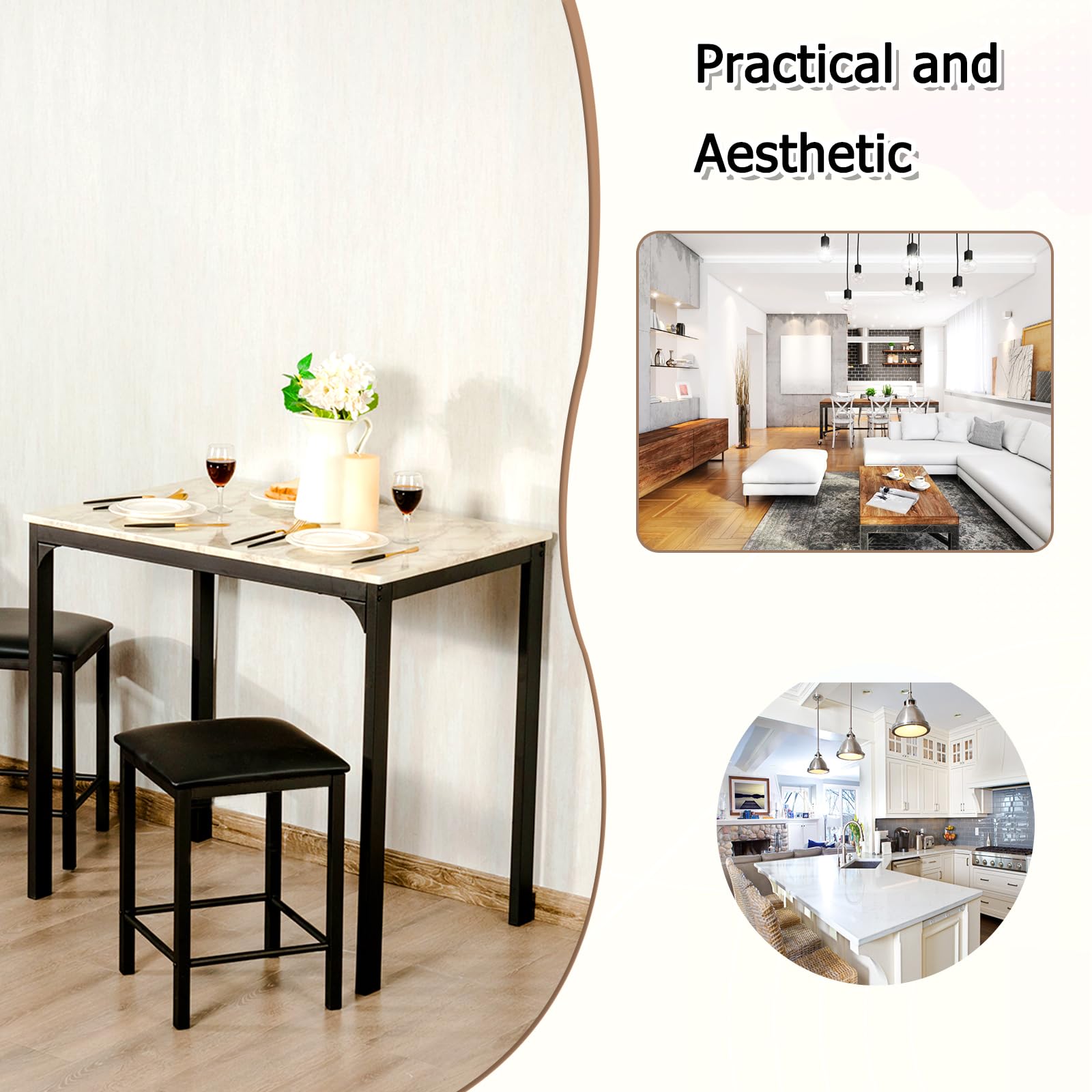 HOMASIS Tavolo Alto Bar con 2 Sgabelli, Tavolo da Pranzo in Legno, Set di 3 Pezzi da Soggiorno, Penisola Cucina con Sgabelli, 90 x 60 x 82 cm (Bianco)
