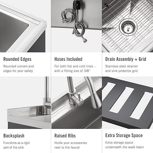 Miniatura 6 de TRINITY Fregadero independiente de acero inoxidable para garaje, lavandería y uso comercial, incluye grifo extraíble, certificado NSF, UPC y cUPC,