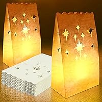 Vista 8 de Ranslen 70 bolsas luminarias blancas con recortes de fuegos artificiales, resistentes a las llamas, bolsas de velas de Halloween, bolsas de linterna
