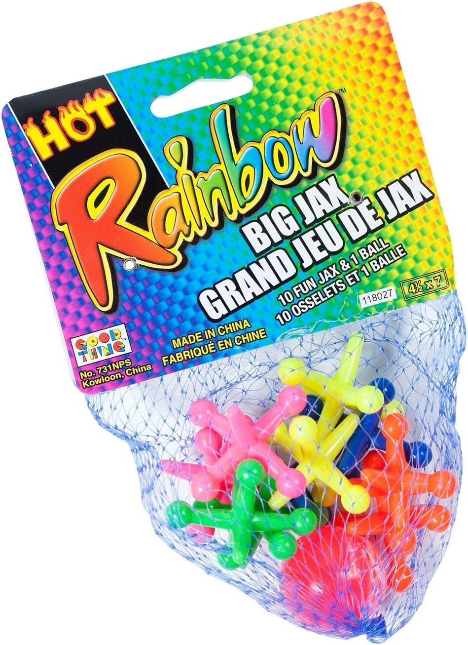 JA-RU Rainbow Big Jacks Game Set Retro. Large Hi Bounce Ball and 10 Large Colorful Soft Rubber Jacks Toy. Party Favors Stocking Stuffer Retro Classics 731