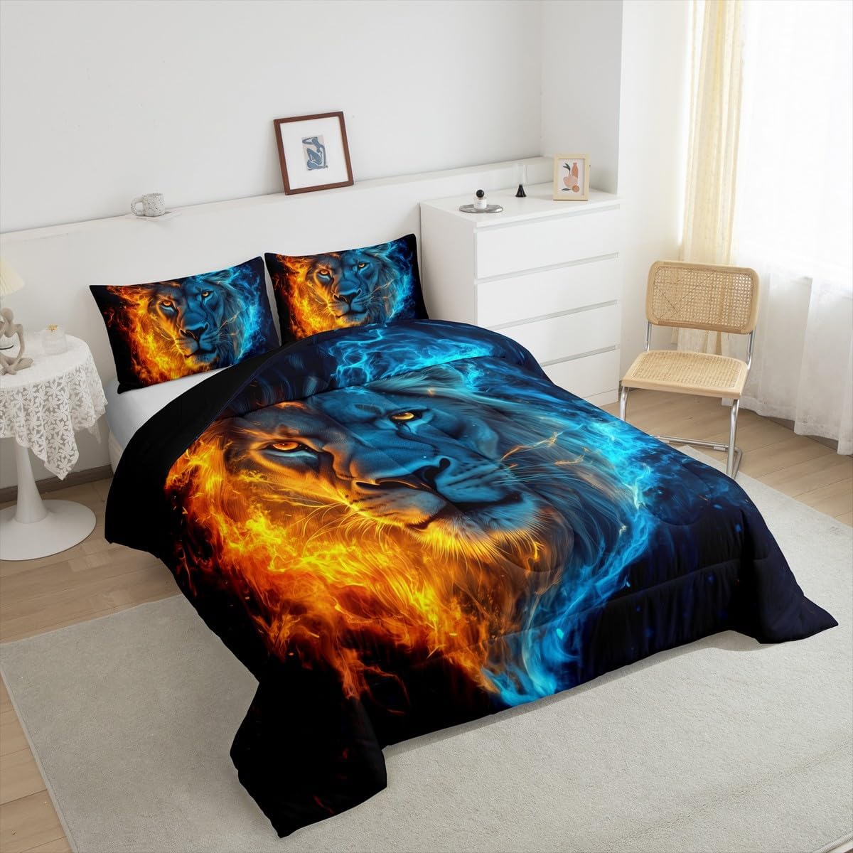 Manfei Wild Lion Comforter Set for Kids Orange Blue Flame Misty Bedding Set Lion Africa Animal Bedding Home Decor Soft Polyester Comforter King Size 3 Pieces Quilted Duvet with 2 Pillowcase - Image 5