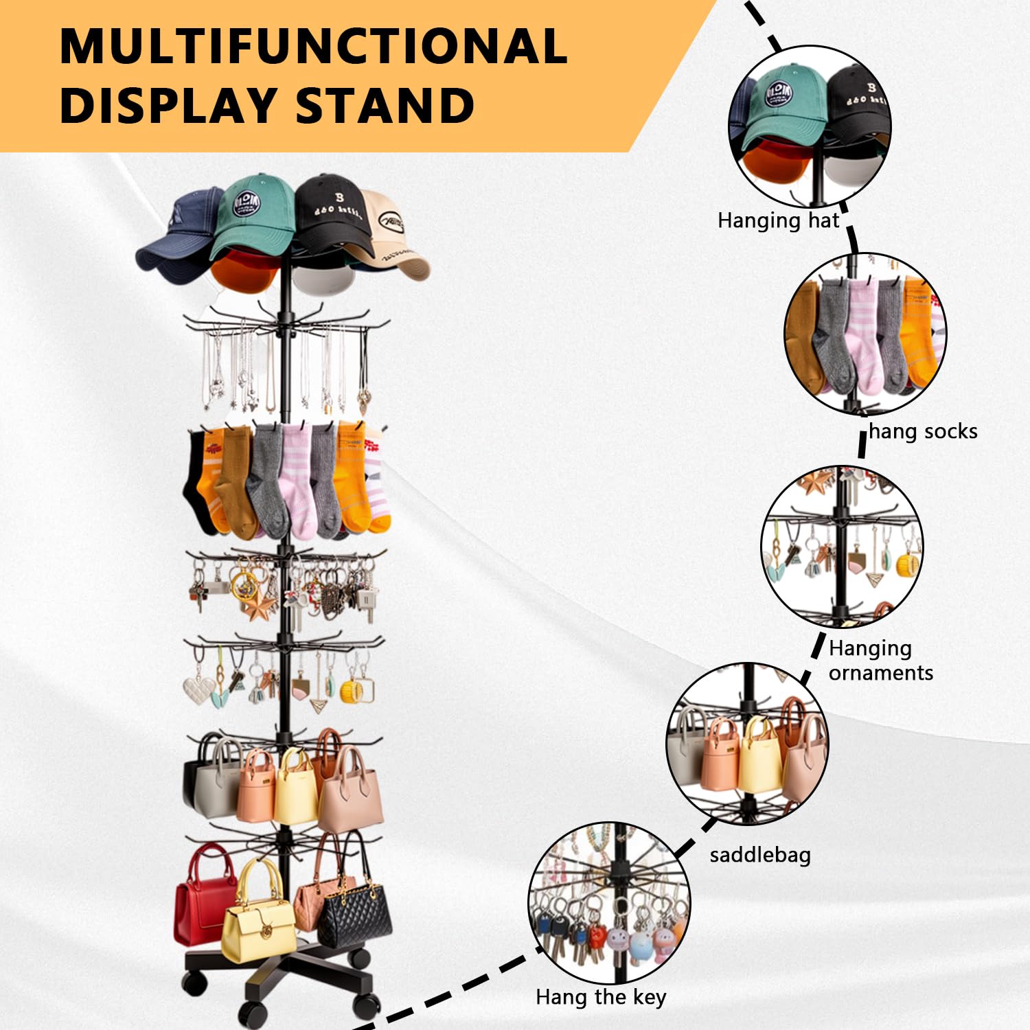 Expositor giratorio de 7 niveles, soporte de metal multifuncional con ganchos, soporte de gancho ajustable para colgar en sombreros, calcetines, cuerdas para el pelo, joyas, bolsos
