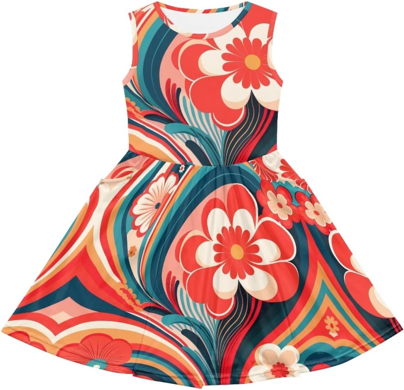 Loose Fit Cute Sundress with Side Pockets Soft Sleeveless Summer Floral Dress for Girls Playwear