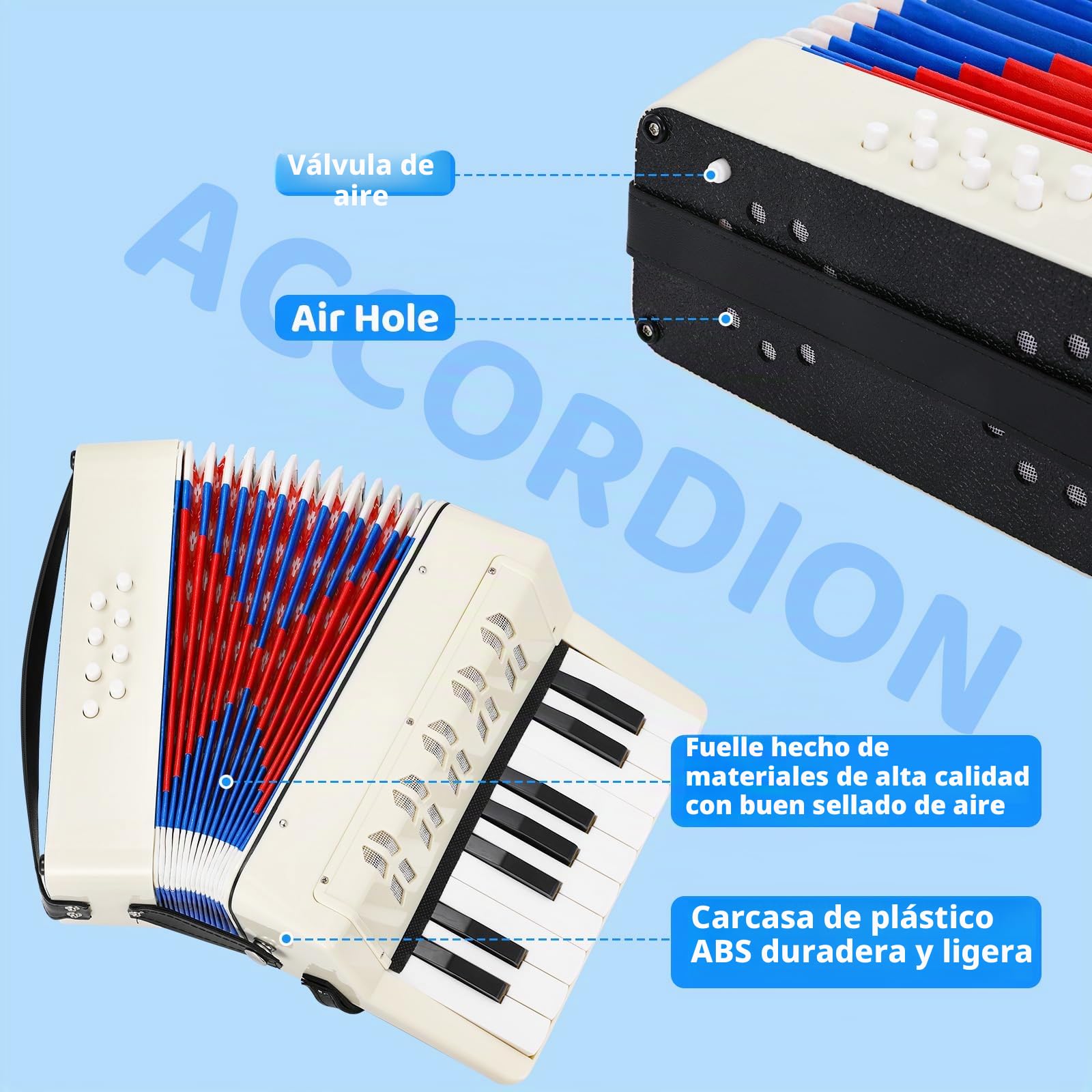 Acordeón Infantil,17 Teclas 8 Bajos Acordeón de Piano,Concertina Instrumentos Musical para niños con Correas Ajustables,Acordeón Juguete Instrumento Musical Adultos y Niños de más de 3 años (Blanco)