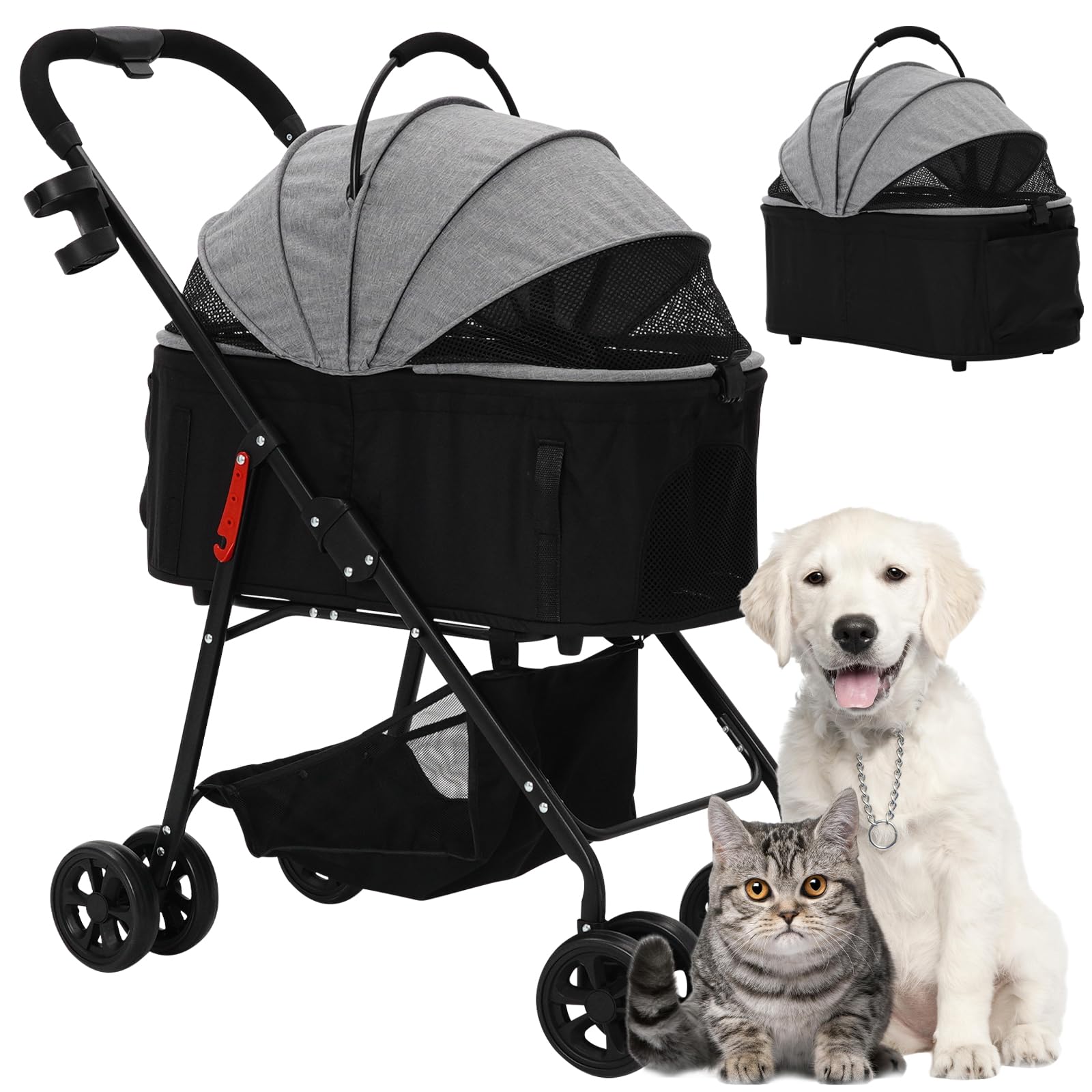 Pet Stroller 3-in-1,Pet Stroller with Removable Carrier,One-Click Foldable Cat Dog Pram for Medium Dogs,Cats Loads Up to 20KG (Grey)