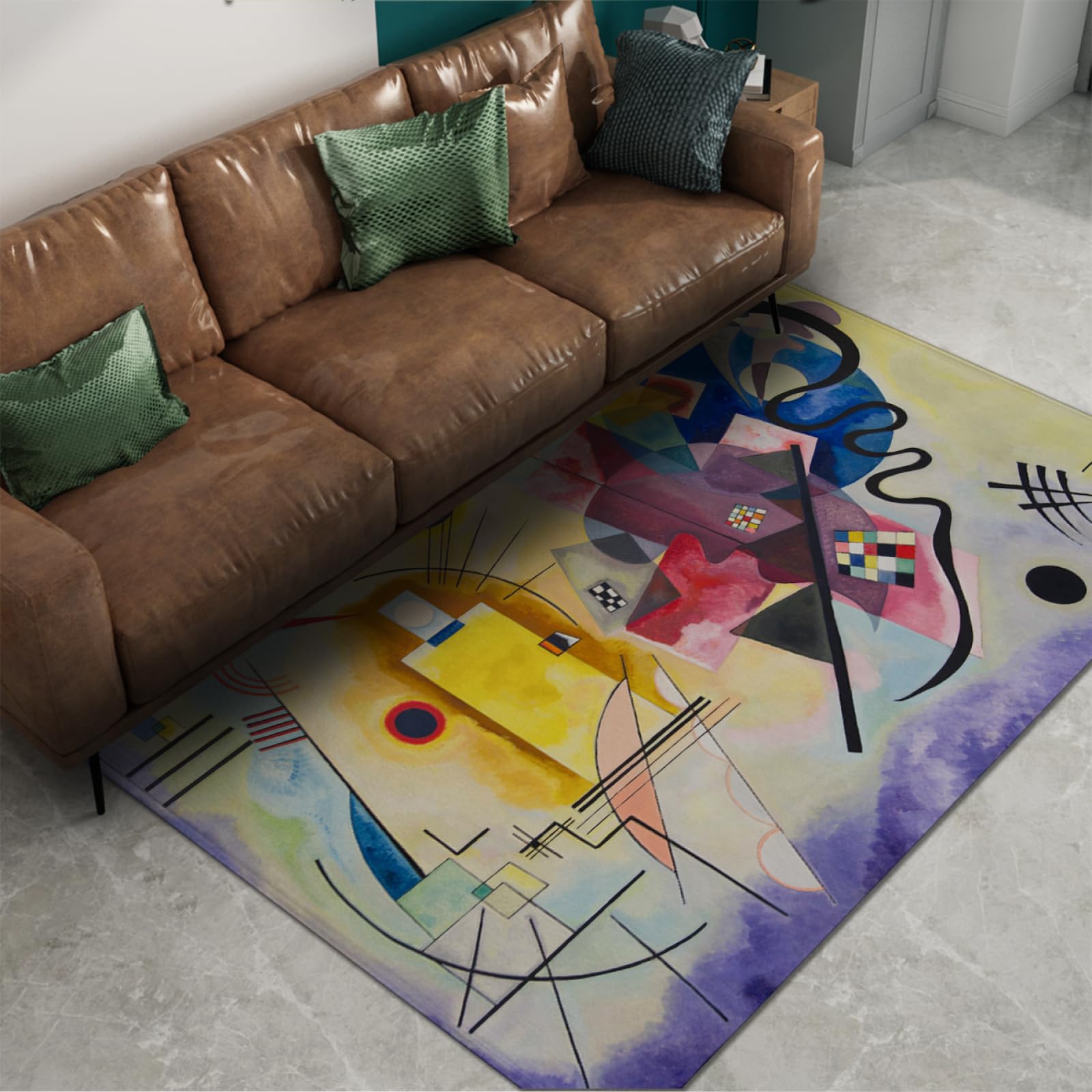 Tapis de sol d'intérieur doux Kandinsky jaune rouge bleu lavable pour balcon