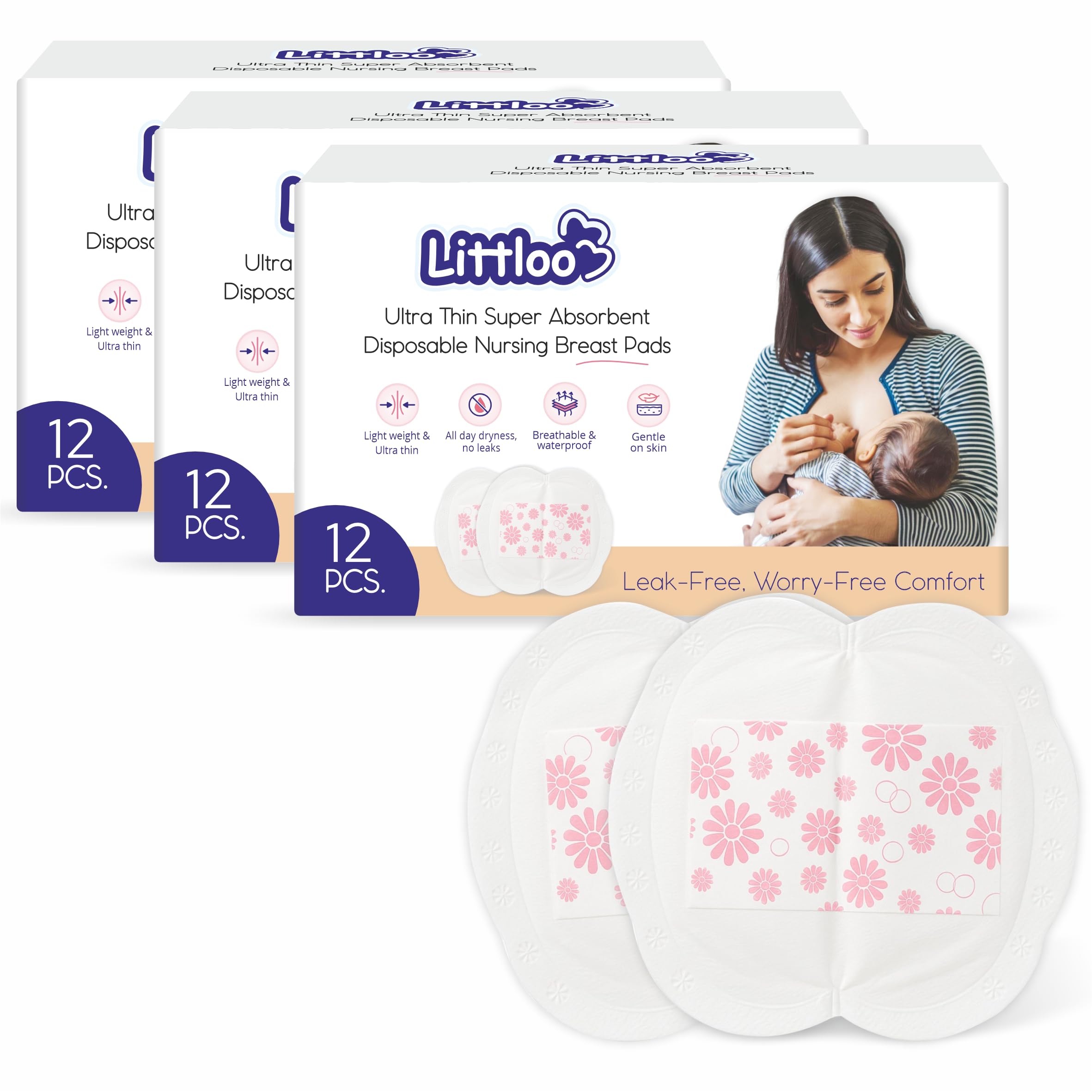 Littloo Ultra Thin Disposable Nursing Breast Pads - 12 Count (Pack of 3) | Super Absorbent, Individually Wrapped, Leak-Proof & Soft | Lightweight, Waterproof & Breathable