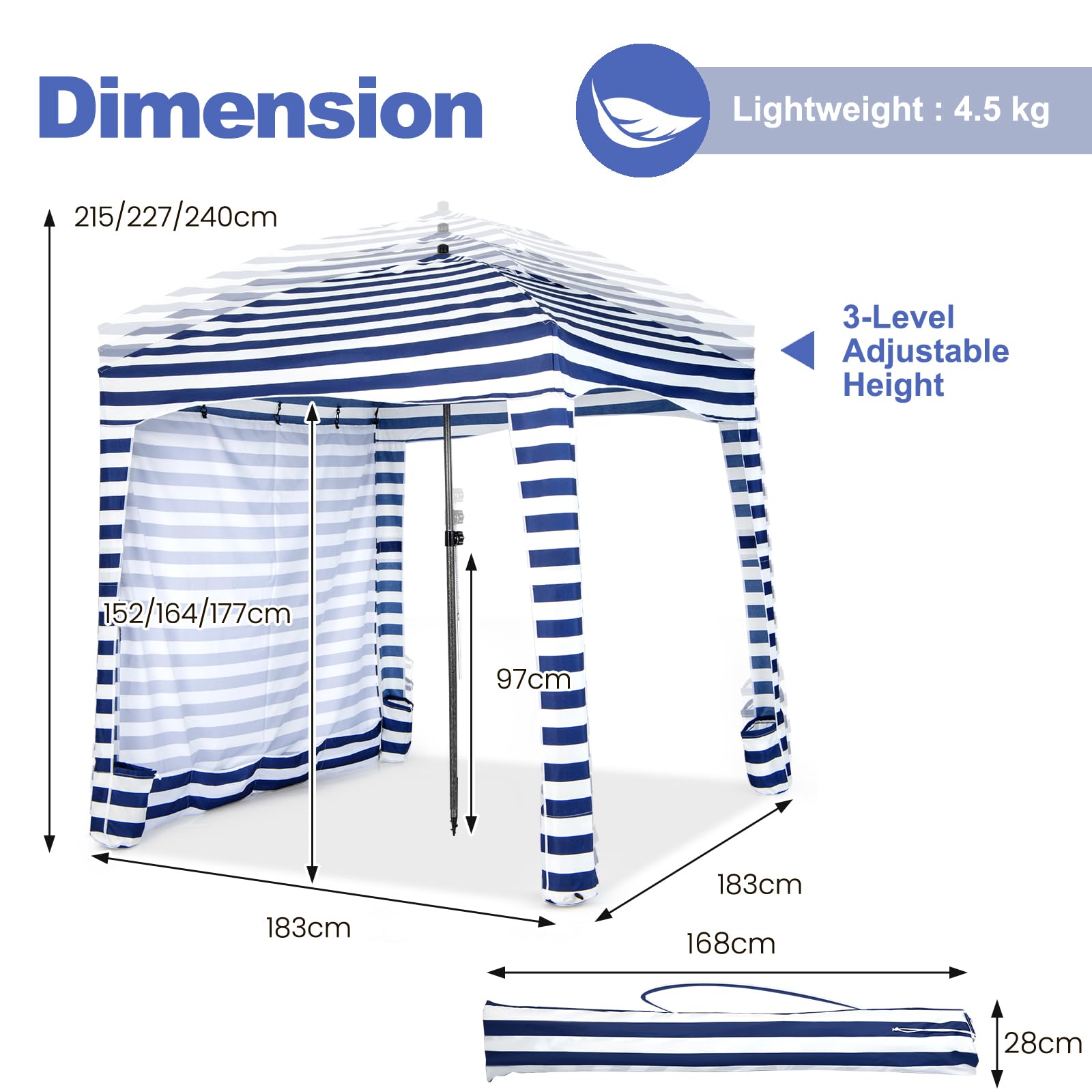 HOMASIS Tenda da Spiaggia Portatile 1,8 x 1,8 m, Parasole Spiaggia con Protezione Solare Regolabile in Altezza, Gazebo con Parete Laterale Rimovibile, Tenda con Borsa per il Trasporto (Blu HM)
