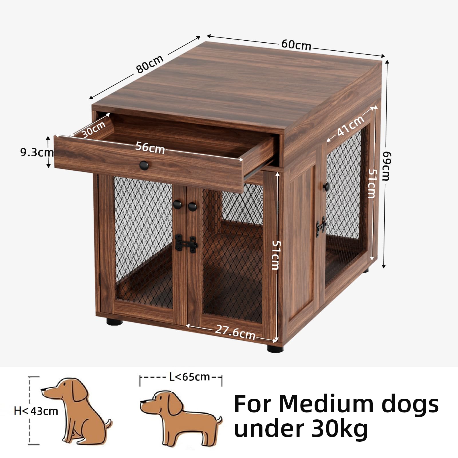VOWNER Mobili per Cuccia per Cani, Gabbia in Legno a 3 Ante con Cassetto, Cuccia Moderna con Tavolino, 60 x 80 x 69 cm, per Cani di Piccola/Media Fno a 30 kg, Marrone Noce