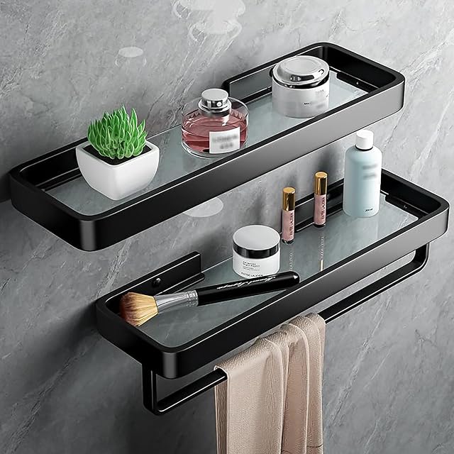 TXGJWRA Wall-Mounted Glass Shelf Rustproof Shower Caddy with Towel Bar Easy to Clean Floating Shelves with Guardrail for