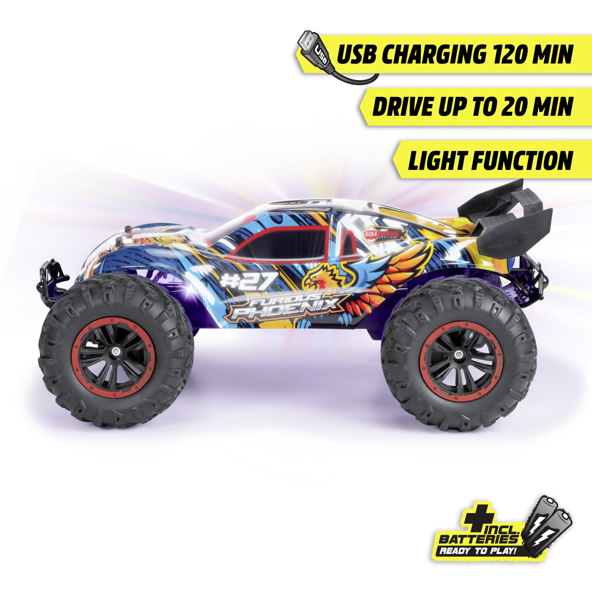 Dickie Toys - RC Auto Furious Phoenix (40 cm) - zdalnie sterowany samochód od 6 lat z zawieszeniem i światłem - pilot zdalnego sterowania dla dzieci, pilot zdalnego sterowania 12 km/h, 2,4 GHz, w