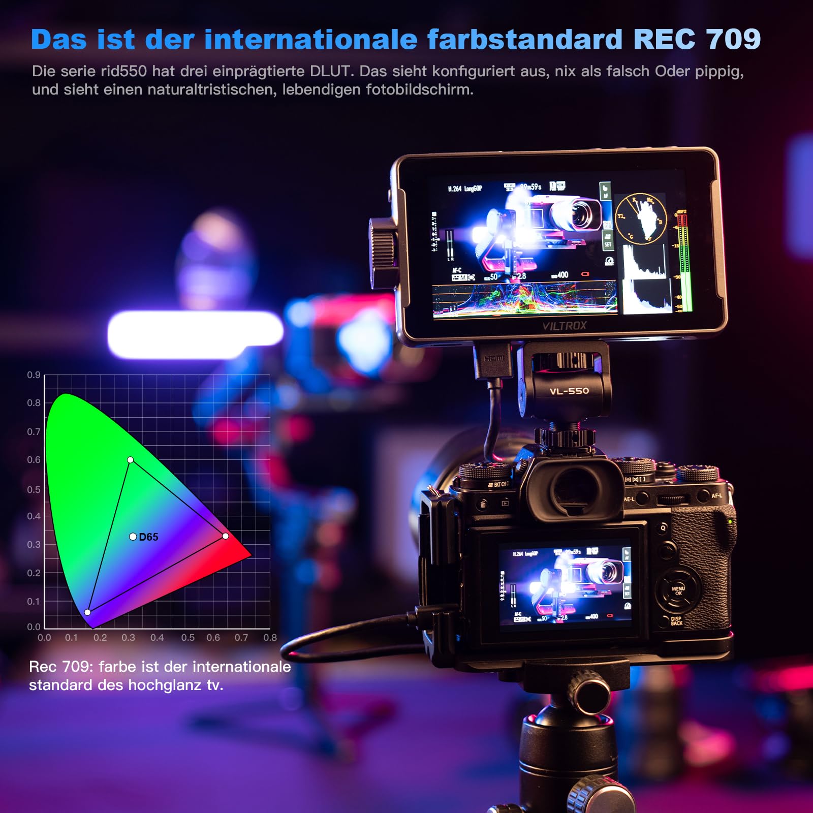 VILTROX DC-550 Monitor pola aparatu 1200 Nit 5,5 cala 4K HDMI z baterią, Full HD 1920 x 1080 IPS, 5,5-calowy 3D LUT z osłoną przeciwsłoneczną, torba do przechowywania aparatów Sony Canon, Nikon, DSLR