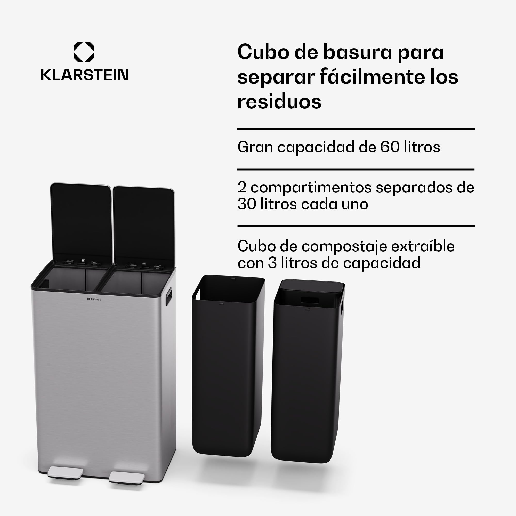 KLARSTEIN EcoVista Cubo de Basura Cocina - 60L con Compartimentos de 30L y 3L para compostaje, Cierre Suave, Acero Inoxidable, Papelera Cocina
