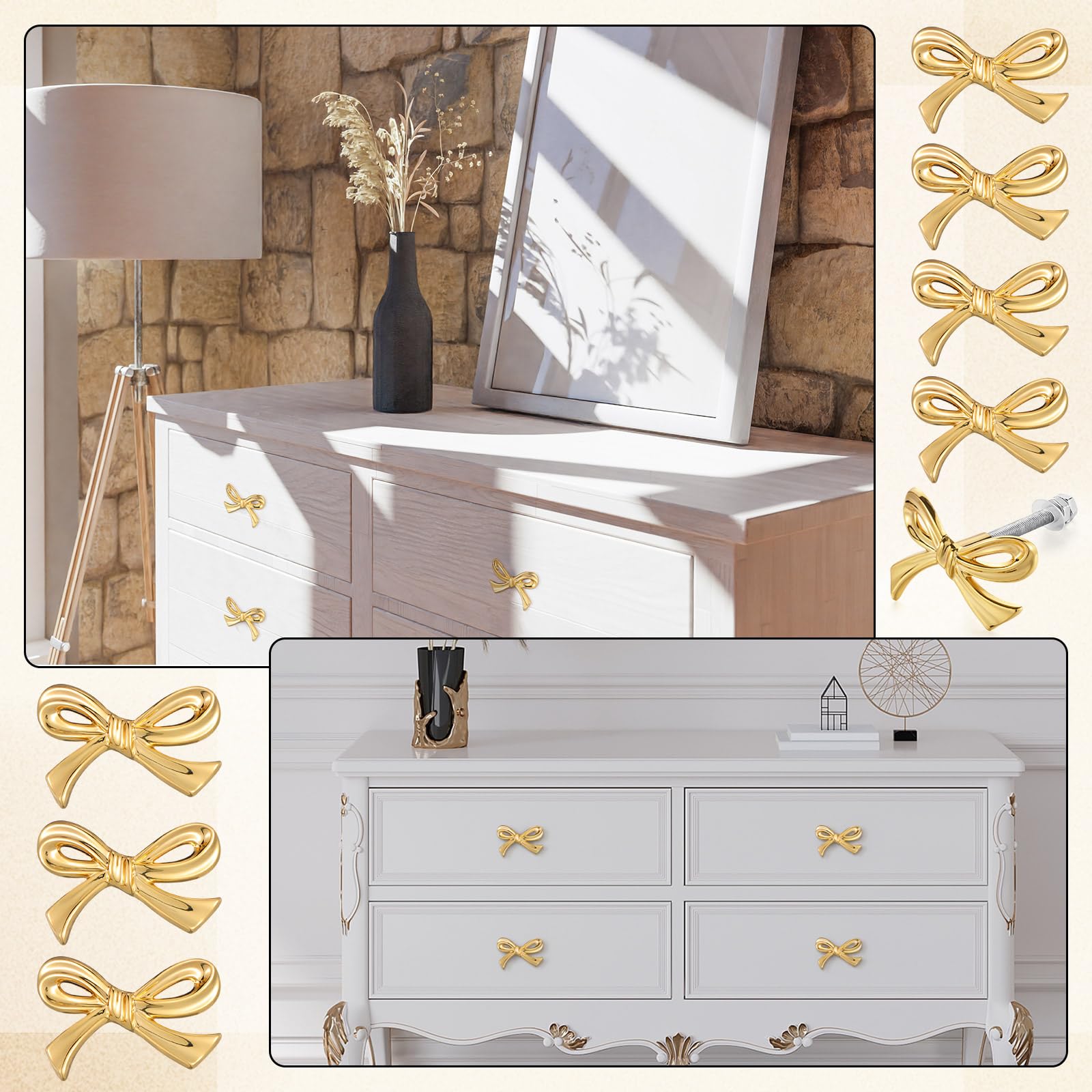 MorningRo 8 Pcs Gold Bow Drawer Knobs Matel Bow Knobs For Dresser Vintage Dresser Handles Pulls - View #12
