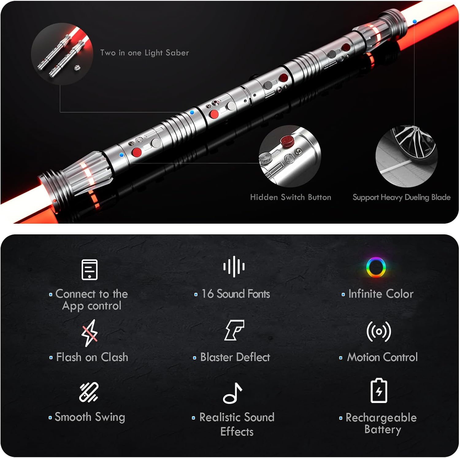 DAMIENSABER Upgrade RGB3.0 Smooth Swing Light Saber Double Blades,Motion Control Dueling Light Saber 16 Sound Fonts Light Sabers with Infinite Color and 16 Solid Color, Metal Hilt for Adult