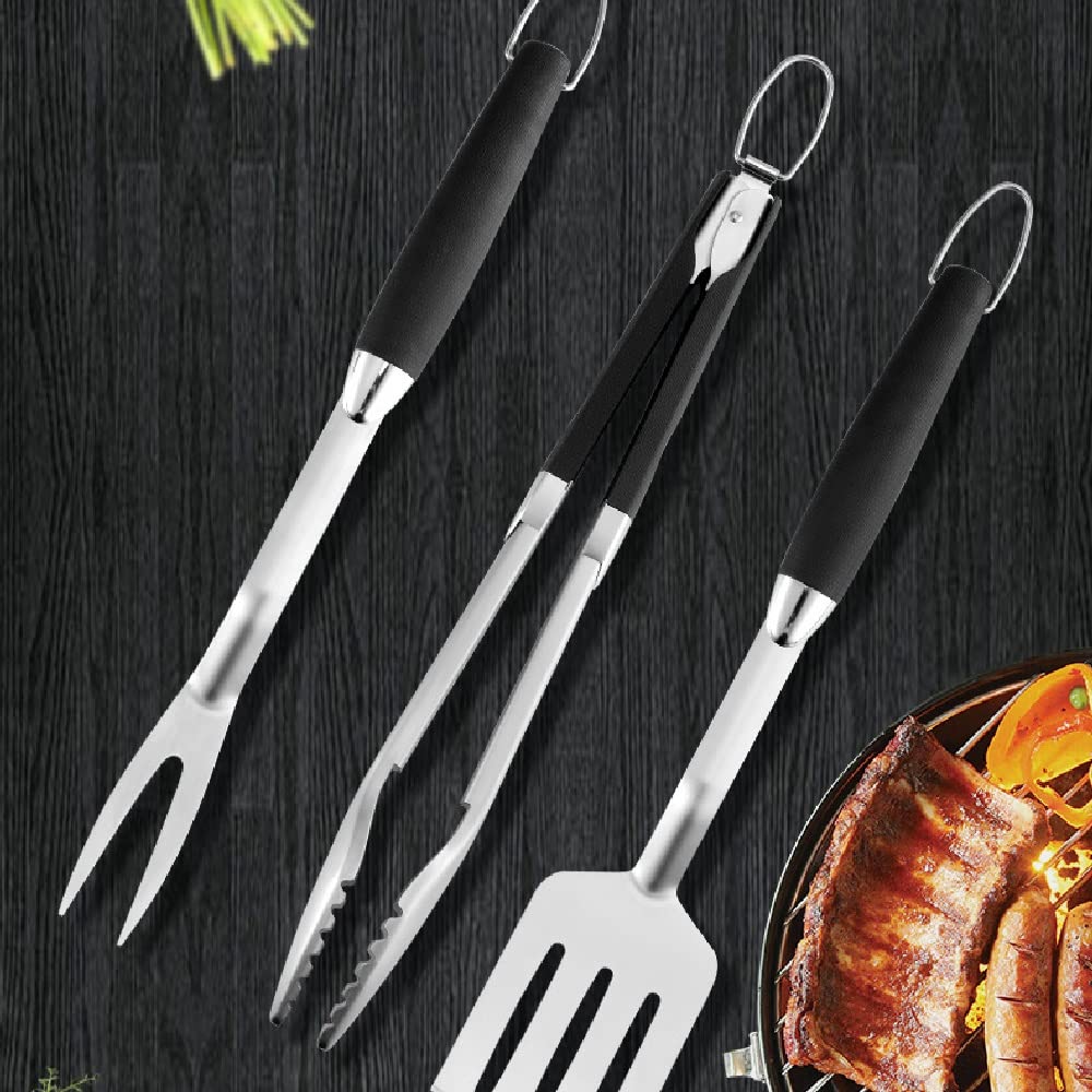 Set di Attrezzi per Barbecue Manico in plastica Combinazione in Acciaio Inox Forcella per Barbecue Clip per Pala Accessori in Tre Pezzi