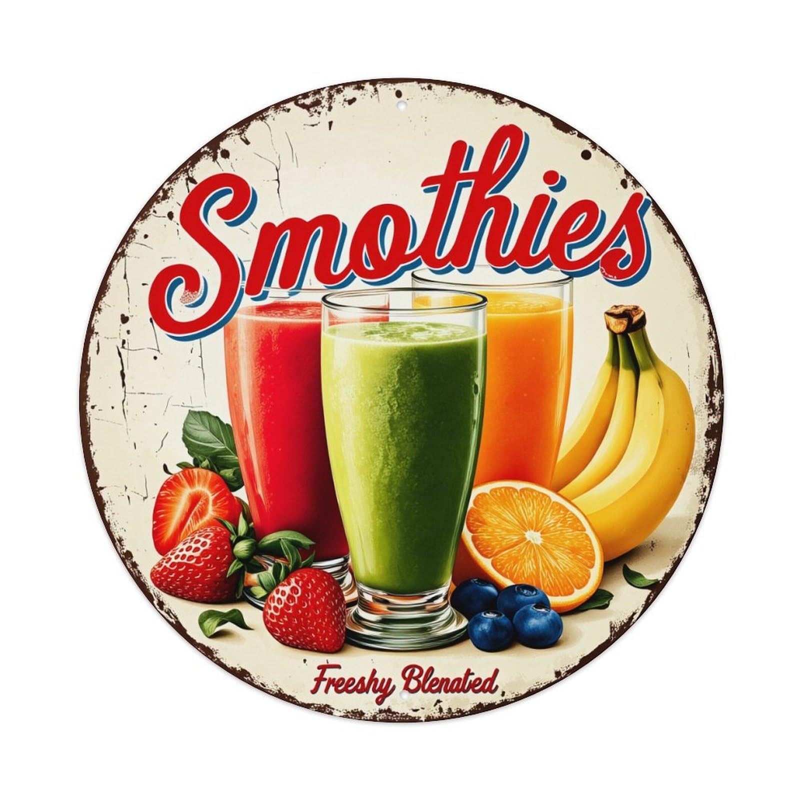 Fruit Smoothie Glasses Bananas Berries Round Tin Sign Vintage Metal Poster, Home Bar Garage Man Cave Cafe Indoor & Outdoor Wall Decoration 8x8Inches